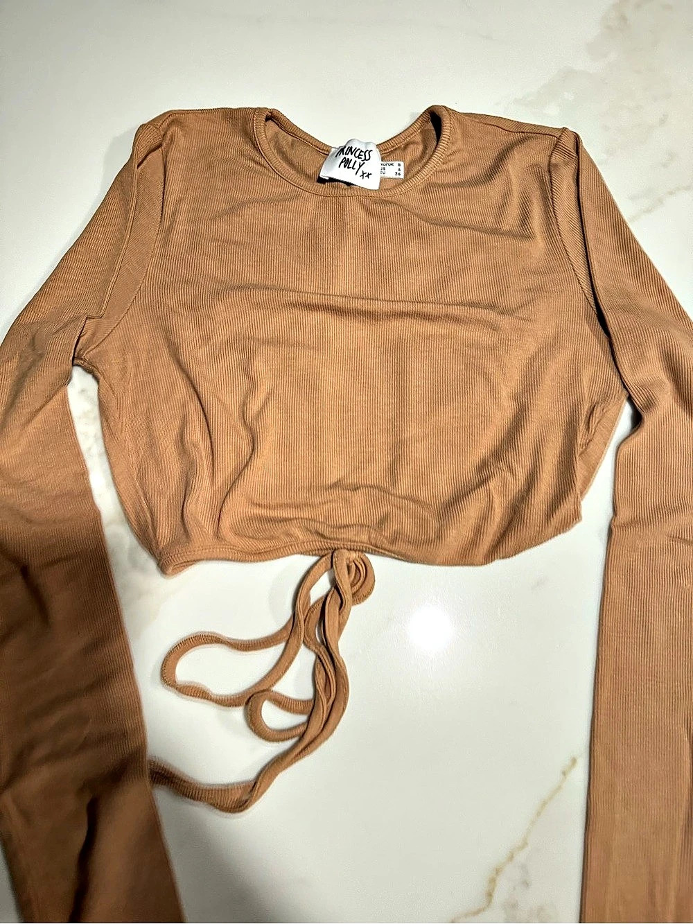 Princess Polly Long Sleeve Tie-Front Crop Top in Brown Size Medium